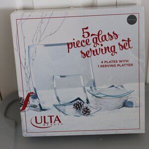 New in Box 5 Piece Glass Serving Set Food Safe 4 Plates and Serving Platter Ulta